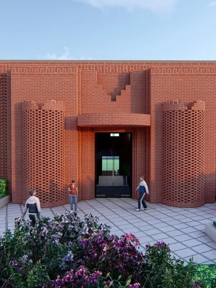 This concept render shows the front entrance of a villa, featuring an intricate exposed brick facade. The cylindrical brick structures flanking the entrance add a unique and powerful architectural character.