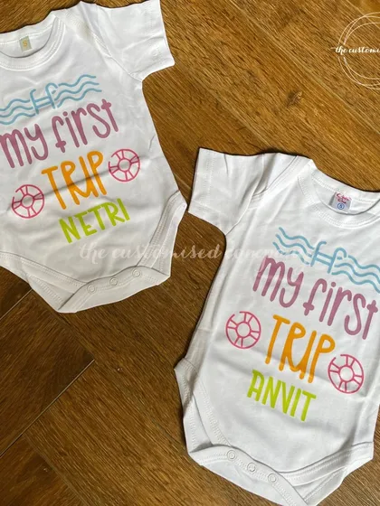 Make baby's first vacation extra memorable with these adorable custom onesies. Each one is printed with "My First Trip" and the baby's name, perfect for capturing those precious travel moments.
