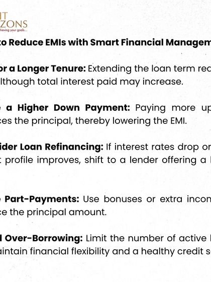 This slide from our bulletin provides smart financial management tips to reduce EMIs. We suggest strategies like opting for a longer tenure, making a higher down payment, considering loan refinancing, and making part-payments.