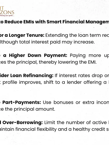 This slide from our bulletin provides smart financial management tips to reduce EMIs. We suggest strategies like opting for a longer tenure, making a higher down payment, considering loan refinancing, and making part-payments.