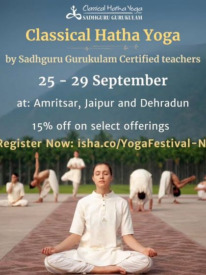 A focused announcement for the Classical Hatha Yoga Fest in Amritsar, Jaipur, and Dehradun, highlighting the modules offered and the 15% discount.