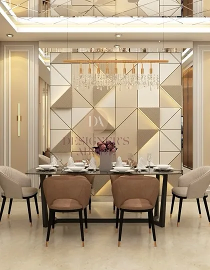 A wider view of the dining area, showing how the mirrored ceiling and wall panels create an illusion of depth. The design is a great example of how we use creative solutions to transform smaller spaces.