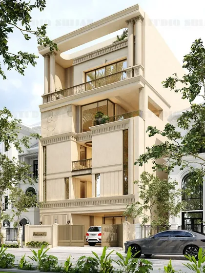 The street-level view of the Varanasi residence. The facade is defined by its strong vertical lines, classical columns, and decorative reliefs, establishing a powerful and elegant presence.