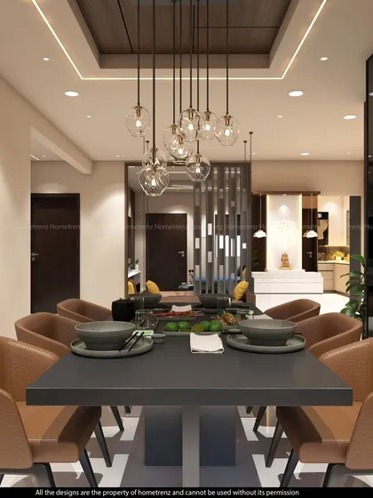 Another view of the dining area, showing the beautiful pendant lighting and the open, airy feel of the space.