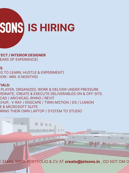 A visually engaging ad from Jetsons in Mumbai for an Architect/Interior Designer and Interns, showing a 3D model of a project.
