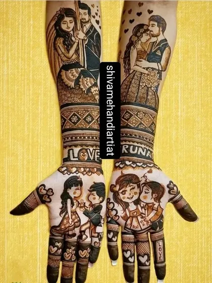 A cute, cartoon-style mehendi that tells a love story from childhood to the wedding day, filled with hearts and personal names.