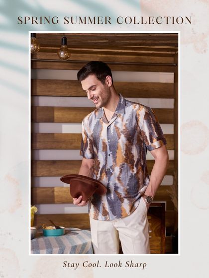 Mocha, Chestnut, or Caramel. This abstract-print shirt in shades of brown is a sophisticated choice for your lounge and travel wardrobe.