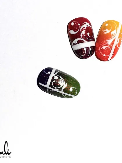 Another perspective of the complex ombre swirl nail art.