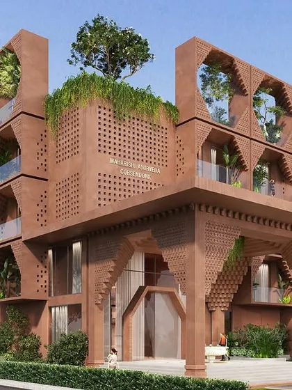 For this wellness retreat in Tirupati, we designed a facade that honors the sacred soul of the city. The architecture features seven steps for the seven hills and incorporates divine motifs from Lord Sri Venkateswara, blending spiritual symbolism with modern, sustainable design.
