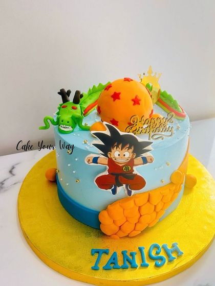 Here comes Goku. A rich chocolate cake with a Dragon Ball Z theme, perfect for an anime fan's celebration.