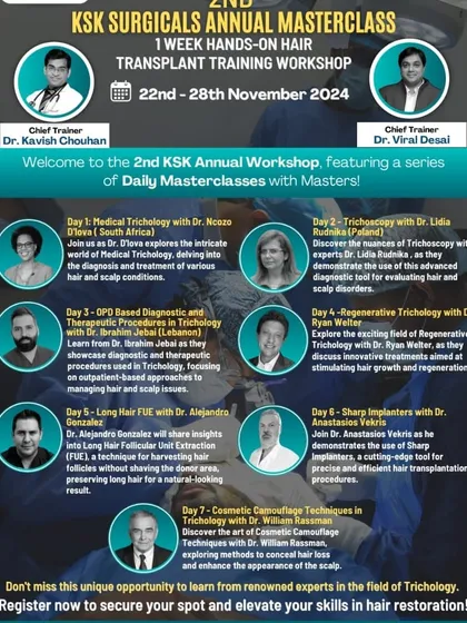 The flyer for our 2nd KSK Annual Masterclass, detailing the daily virtual sessions with international masters on topics from medical trichology to Long Hair FUE.