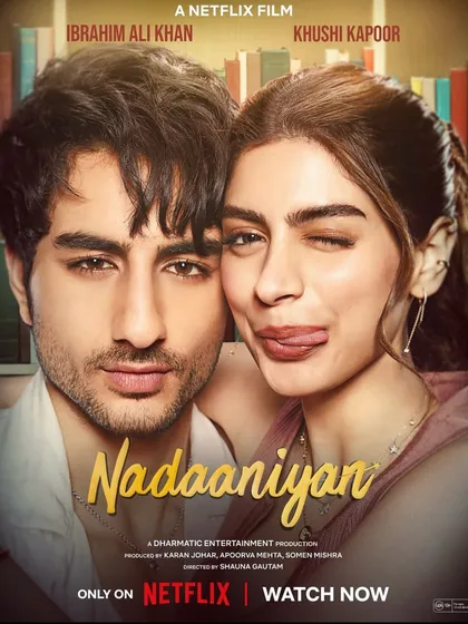 The official poster for the Netflix film 'Nadaaniyan', starring Ibrahim Ali Khan and Khushi Kapoor. I had a wonderful time working on the costume design for the primary cast, creating looks that reflected their youthful and fun characters.