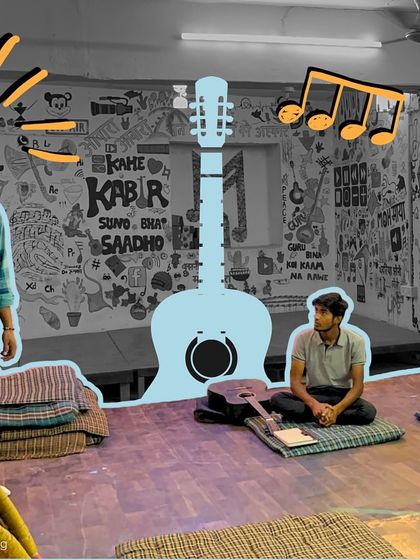 An instructor points to a whiteboard, teaching guitar theory. The graphic of a guitar overlaying the image reinforces the subject of the class.