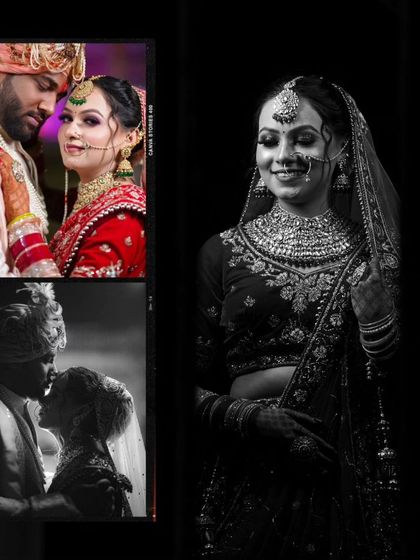 A stylish collage featuring the couple and a solo bridal portrait. The mix of color and black and white photos creates a dynamic and artistic memory of their wedding day.