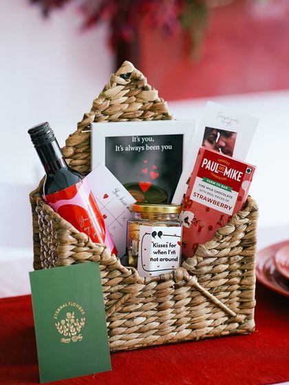 The assembled 'Be Mine Valentine' hamper, showing how each personalized and curated item fits perfectly within the charming basket.