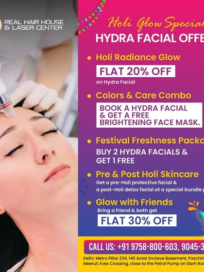 Let your skin shine brighter than the Holi colors with my exclusive Hydra Facial offers. I have deals like flat 20% off, buy 2 get 1 free, and a special 30% off if you bring a friend along.
