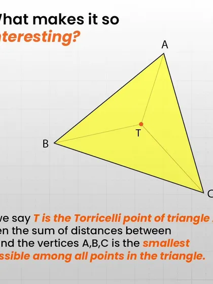 The Torricelli point (T) is the point in a triangle where the sum of the distances to the three vertices (A, B, C) is the smallest possible.