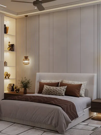 The bedroom includes a built-in, backlit shelving unit, perfect for displaying books and personal treasures. The design is all about simplicity with soul.