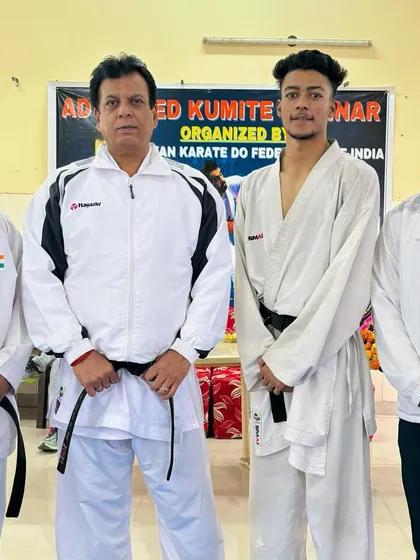Our student Rajat Kashyap with Hanshi Bharat Sharma ji at an advanced kumite seminar.