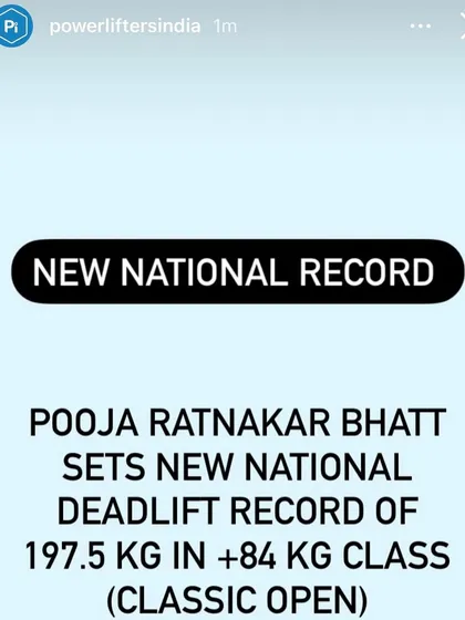 The official announcement of Pooja's new national deadlift record of 197.5kg. This wasn't just a personal best; it was the highest raw deadlift by any female in Powerlifting India history at the time.