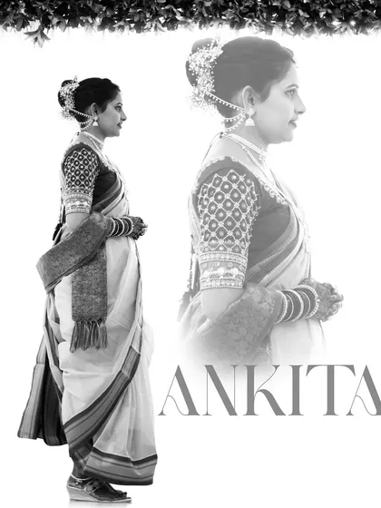 A classic black and white portrait of the bride Ankita in her traditional saree.