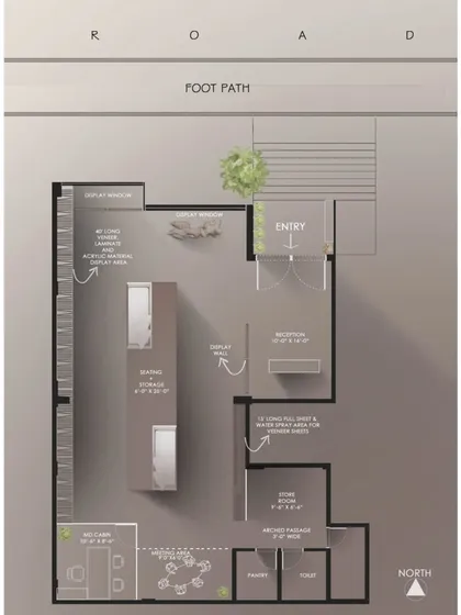 The floor plan for the boutique veneer showroom. This drawing illustrates the carefully planned layout, designed to guide visitors through an immersive journey while incorporating pockets for discussion and display.