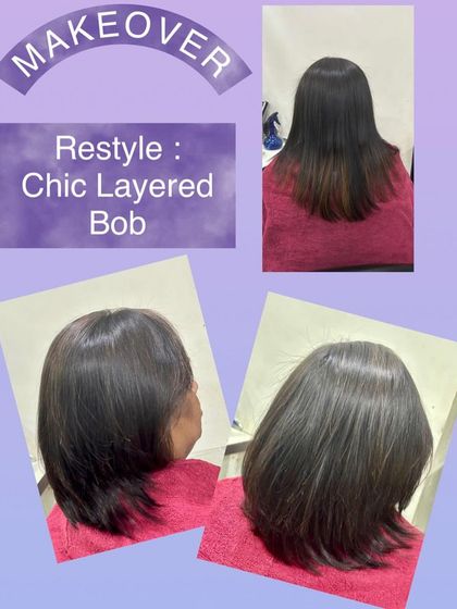 This client's long hair is restyled into a chic layered bob. The layers add texture and movement to the classic bob shape for a modern twist.