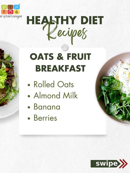 An example of a healthy breakfast recipe: an oats and fruit bowl. This simple meal combines rolled oats, almond milk, banana, and berries for a nutrient-packed start to your day.