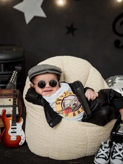 Get ready to meet a future rockstar. Our creative studio sessions allow your child's personality to shine, and we had so much fun putting together this cool, musical-themed shoot.