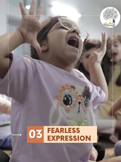 We encourage fearless expression. This young girl's powerful roar is a perfect example of the confidence we nurture.