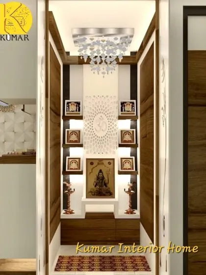 This is a custom-designed pooja unit, built to be a peaceful focal point in the home. The design incorporates intricate CNC cut panels, backlighting to create a divine glow, and multiple shelves for deities and photos, reflecting our attention to detail for sacred spaces.