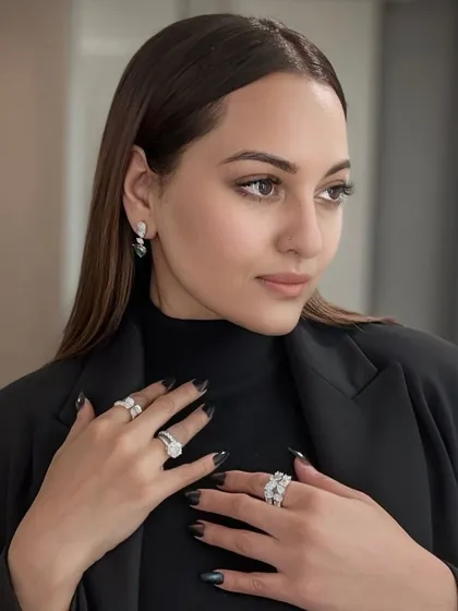 Sonakshi Sinha showcasing a curated selection of my diamond rings. This demonstrates how my rings can be stacked and combined to create a powerful and personal statement of luxury.