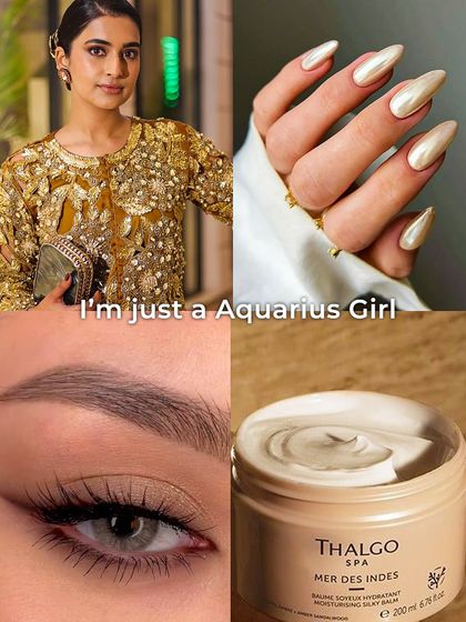 Beauty recommendations for the innovative Aquarius. This zodiac post suggests bold and unique choices like pearl-finish nails and dramatic winged eyeliner to match their creative spirit.
