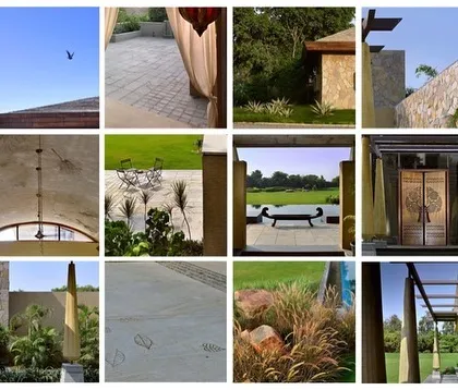 This collage of details from C Farm highlights the project's material palette and design motifs. It shows the connection between the grand entrance doors, the stone walls, the palm-imprinted ceilings, and the serene landscape.
