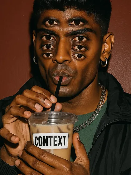 A surreal portrait of a man with multiple eyes, sipping a drink labeled 'CONTEXT'. This image is a visual pun about the importance of context and seeing things from multiple perspectives.
