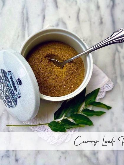My Curry Leaf Podi is both healthy and delicious, presented here in a traditional ceramic jar. I use fresh curry leaves and lentils to create this aromatic, protein-rich powder that has a wonderful, earthy fragrance.