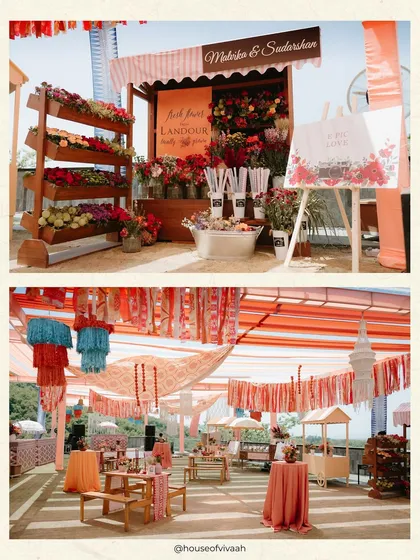 A collage of a "Pahadi" themed Mehendi, featuring a fresh flower stall from "Landour" and a dining area with rustic furniture and warm, rust-colored drapes.
