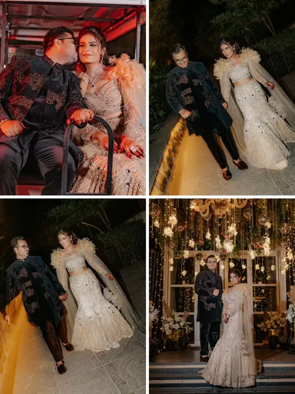 A collage showcasing the glamour of Sahas and Rozy's sangeet night, from their coordinated outfits and grand decor to their romantic couple portraits.