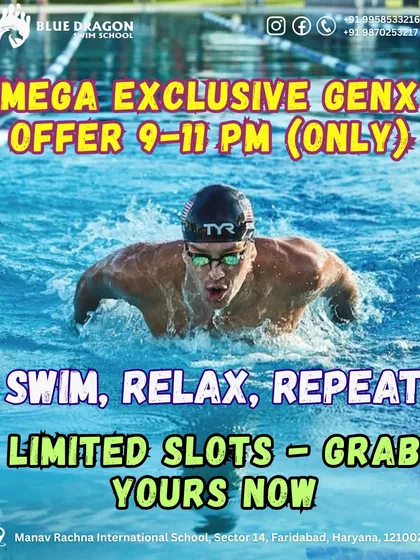 Calling all GenX swimmers. We have an exclusive offer for our 9 to 11 PM slot in Faridabad. Limited slots are available, so grab yours now and get ready to swim, relax, and repeat.