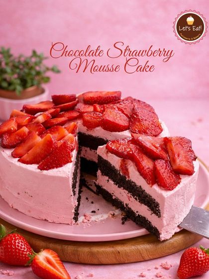 My Chocolate Strawberry Mousse Cake features layers of light chocolate sponge and airy strawberry mousse. It's topped with a mountain of freshly sliced strawberries for a dessert that is both light and indulgent.
