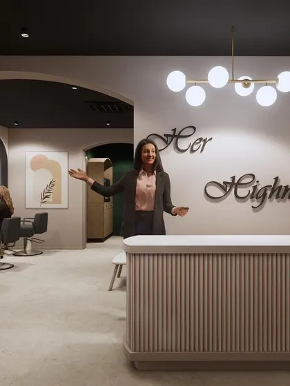A 3D visualization for the "Her Highness" salon, showing the welcoming reception area. Renders like this help clients approve the design with confidence.