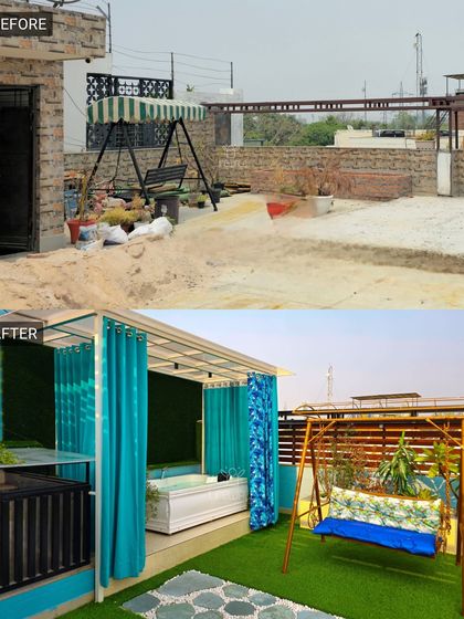 This simple terrace with a basic swing set got a major upgrade. We created a private jacuzzi area with curtains for privacy and installed a new, more comfortable swing on a lush artificial lawn.