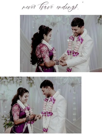 A collage showing the ring exchange during an engagement ceremony. The quote "never have endings" adds a touch of romance to these happy moments.