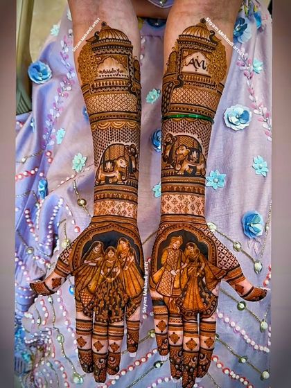A full bridal design telling a story with family portraits on the palms and elephant motifs on the arms.