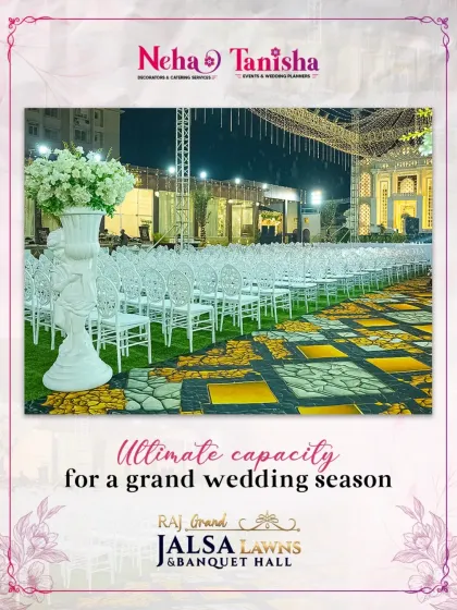 We have the ultimate capacity for a grand wedding season. This view highlights the vast seating arrangement on our lawn, with a unique patterned aisle leading to the main stage, ensuring every guest has a perfect view.