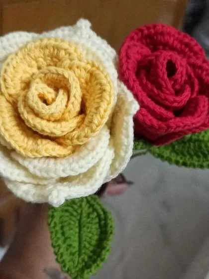 A pair of my handmade crochet roses, showing the color variety I offer. One is a classic red, and the other is a two-tone design with a yellow center and white petals.