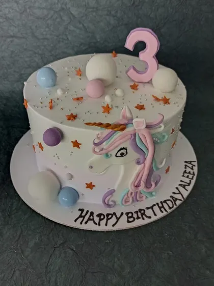 A whimsical unicorn cake perfect for a magical birthday. This design features a fondant unicorn, pastel-colored decorations, and sparkling stars for a dreamy celebration.