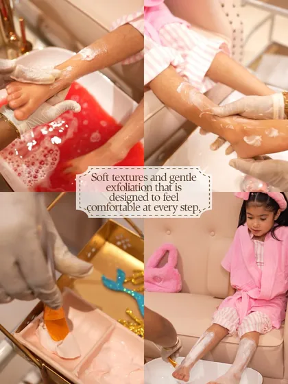 My Kids Pedicure is a unique experience designed to be gentle, safe, and fun. This collage shows the process, from soft exfoliation and colorful soaks to the careful attention I give to make it a delightful treat for the little ones.