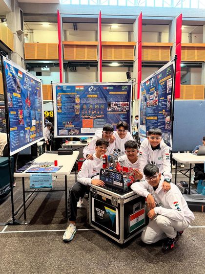 Our FTC team from Ahmedabad at their pit booth, ready to compete at the Asia Pacific Open Championship in Sydney. Their professional setup showcases their project and their readiness to make India proud.