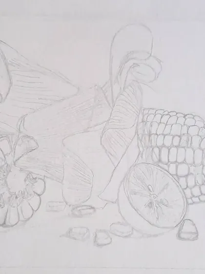 The very first outline sketch for the corn and lemon still life. Every detailed drawing starts with a simple, clean line.